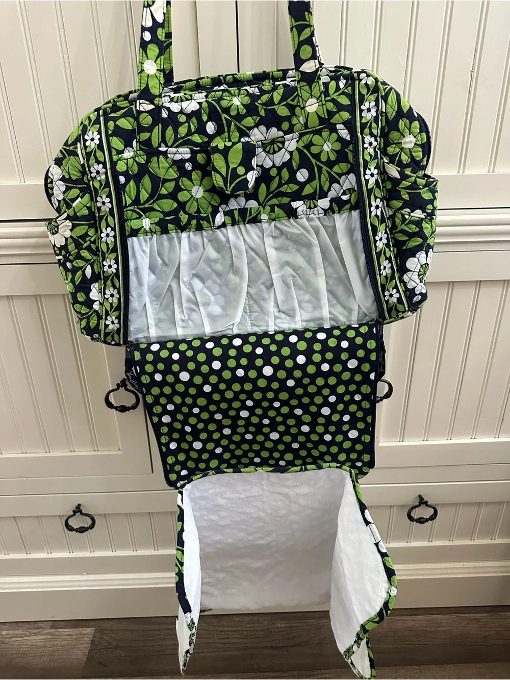 Vera Bradley”Lucky You” Navy, Green & White Quilted Floral Shoulder Diaper Tote